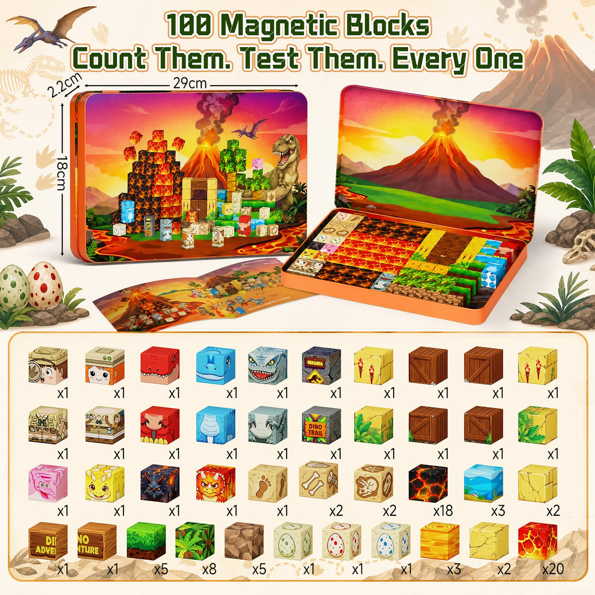 100-teiliges Magnetblock-Set Dinosaurier (2 cm) KL-100