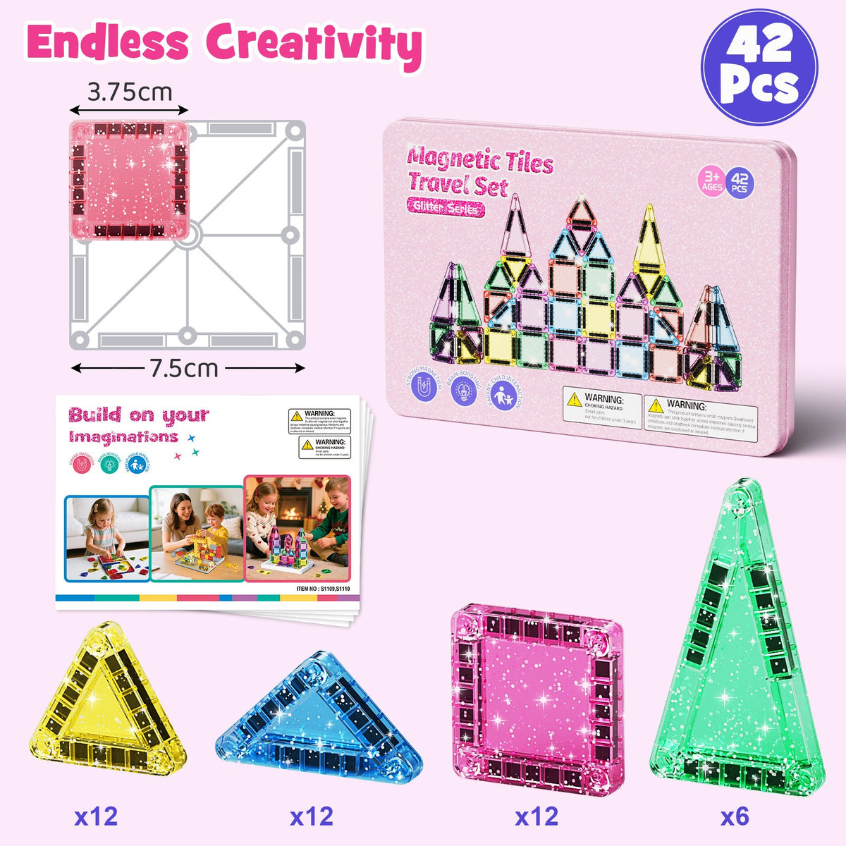 42PCS Glitter Candy Colors Magnetic Tiles Set S1109 image 1