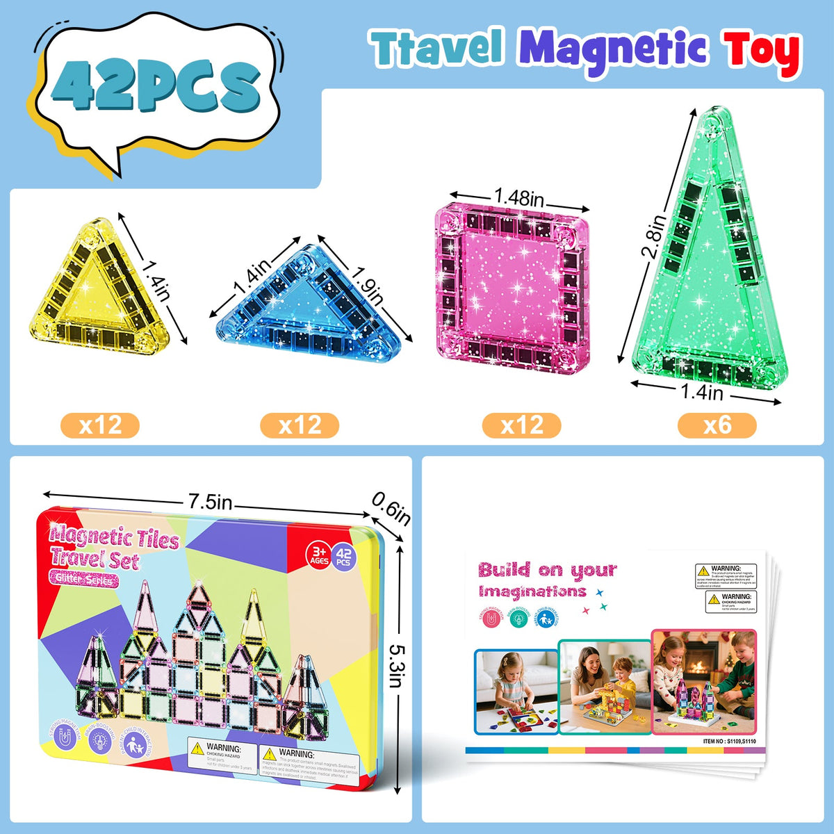 42PCS Glitter Candy Colors Magnetic Tiles Set S1110 image 6