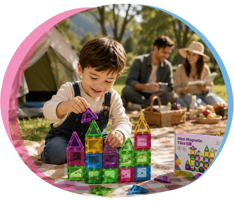 Kind spielt draußen mit Burgkidz Magnetblock-Spielzeug